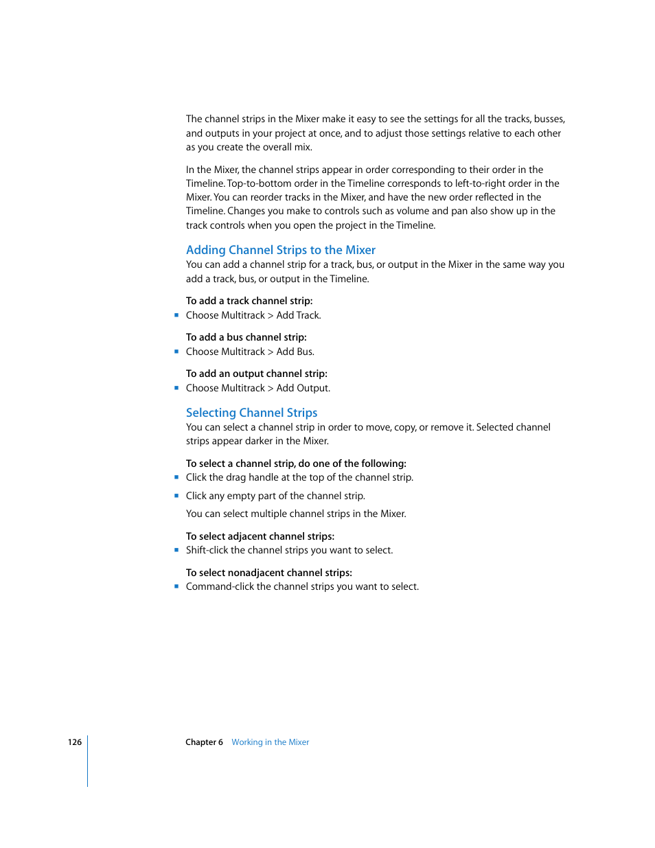 Adding channel strips to the mixer, Selecting channel strips | Apple Soundtrack Pro User Manual | Page 126 / 311