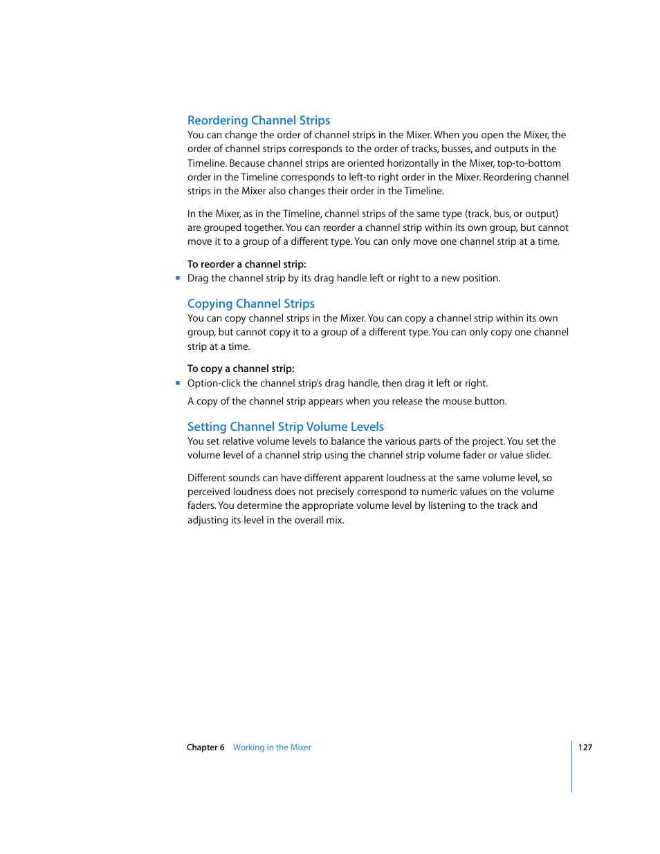 Reordering channel strips, Copying channel strips, Setting channel strip volume levels | Apple Soundtrack Pro User Manual | Page 127 / 311