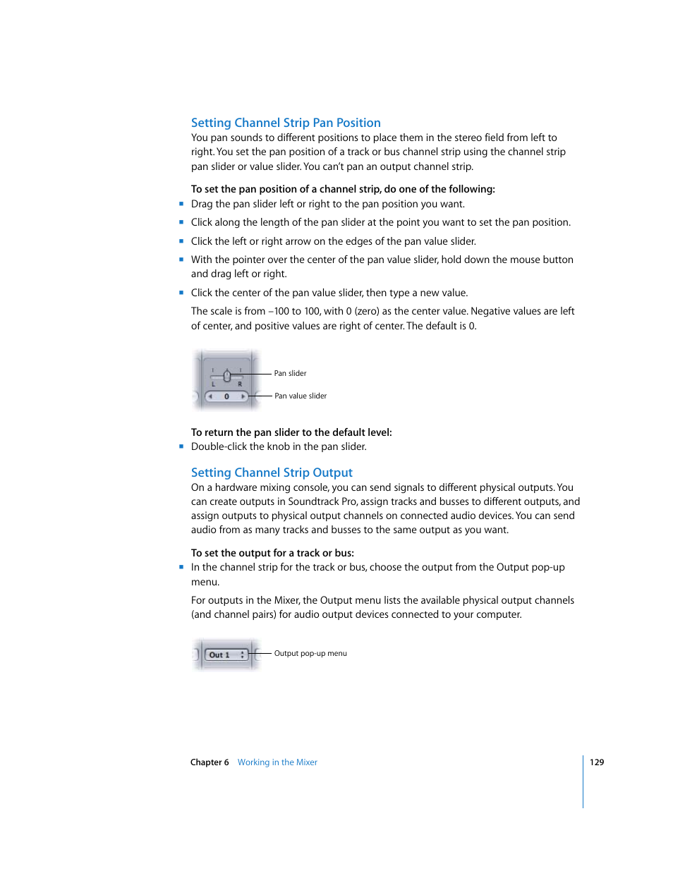 Setting channel strip pan position, Setting channel strip output | Apple Soundtrack Pro User Manual | Page 129 / 311