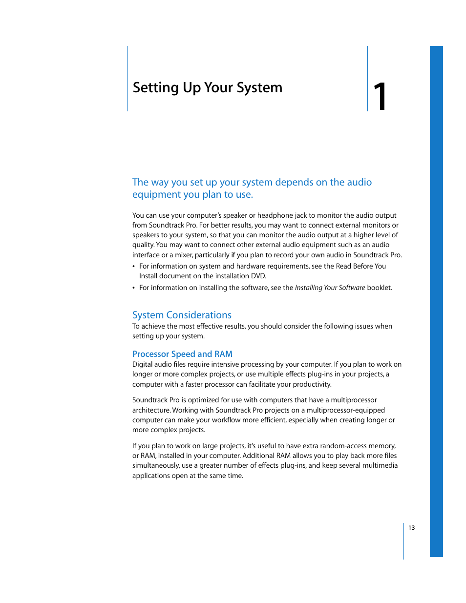 Setting up your system, System considerations, Processor speed and ram | Chapter 1, Ead chapter 1, Etting up y, Our system | Apple Soundtrack Pro User Manual | Page 13 / 311