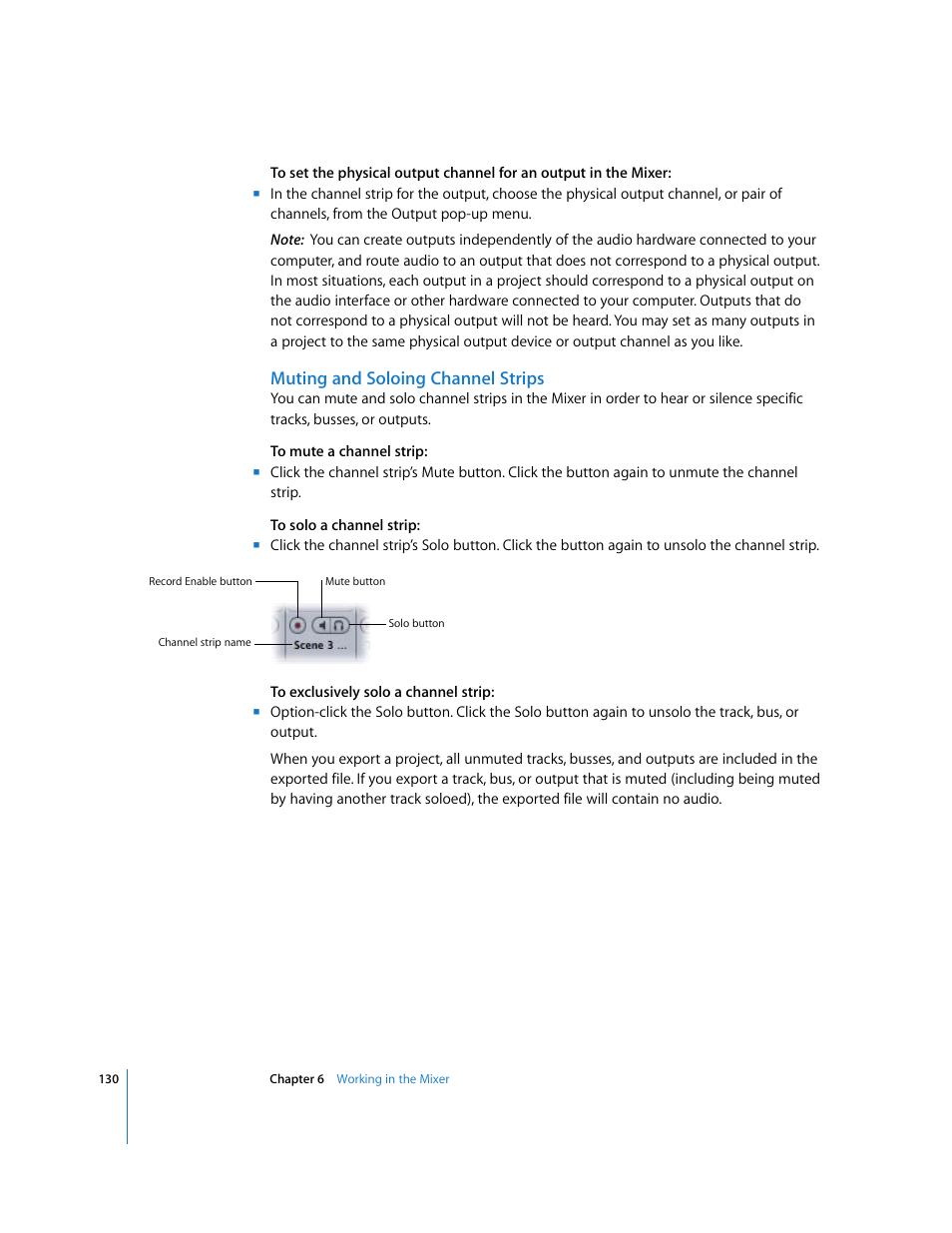Muting and soloing channel strips | Apple Soundtrack Pro User Manual | Page 130 / 311