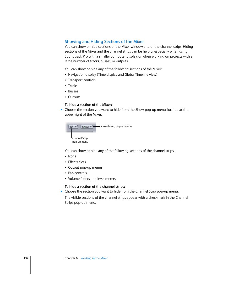 Showing and hiding sections of the mixer | Apple Soundtrack Pro User Manual | Page 132 / 311