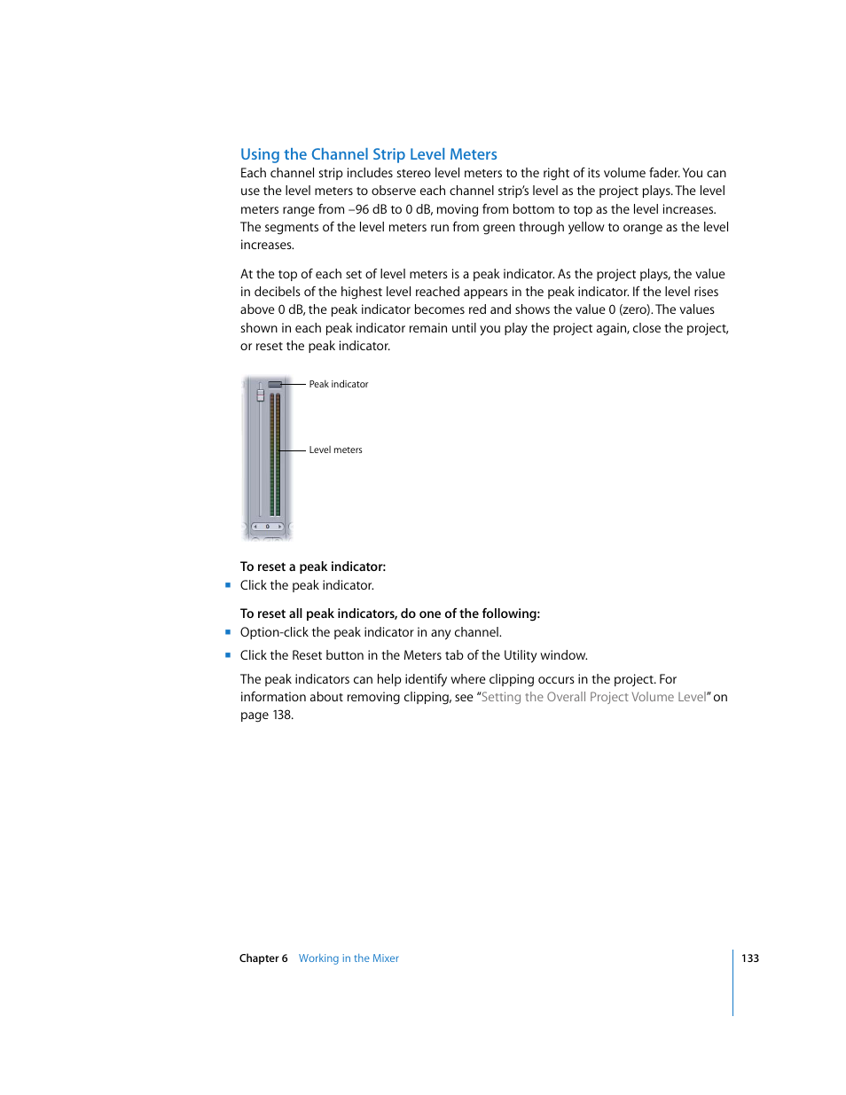 Using the channel strip level meters | Apple Soundtrack Pro User Manual | Page 133 / 311