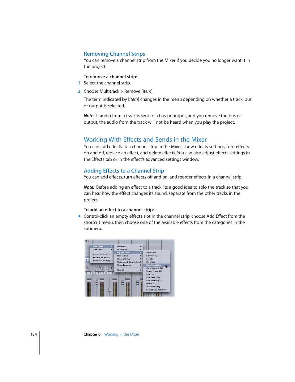 Removing channel strips, Working with effects and sends in the mixer, Adding effects to a channel strip | Apple Soundtrack Pro User Manual | Page 134 / 311