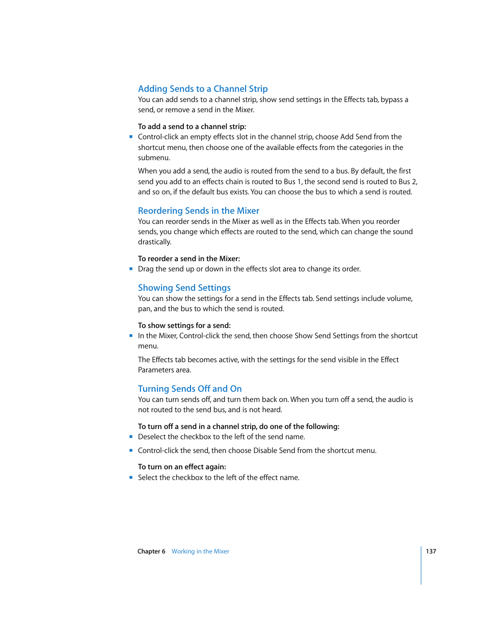 Adding sends to a channel strip, Reordering sends in the mixer, Showing send settings | Turning sends off and on | Apple Soundtrack Pro User Manual | Page 137 / 311