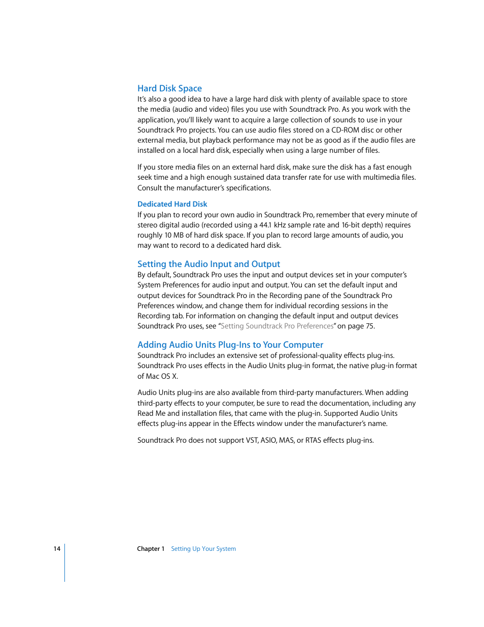 Hard disk space, Setting the audio input and output, Adding audio units plug-ins to your computer | Apple Soundtrack Pro User Manual | Page 14 / 311