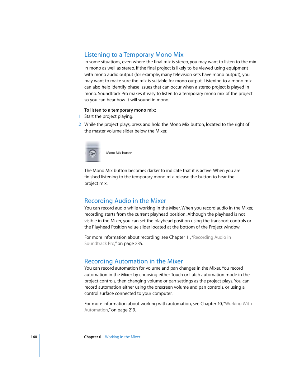 Listening to a temporary mono mix, Recording audio in the mixer, Recording automation in the mixer | Apple Soundtrack Pro User Manual | Page 140 / 311