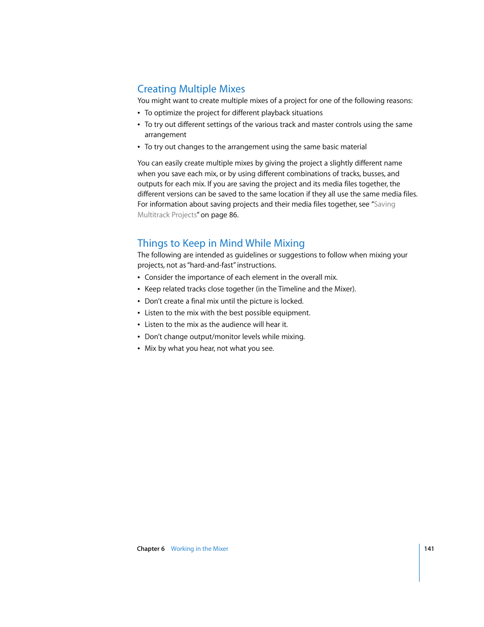 Creating multiple mixes, Things to keep in mind while mixing | Apple Soundtrack Pro User Manual | Page 141 / 311