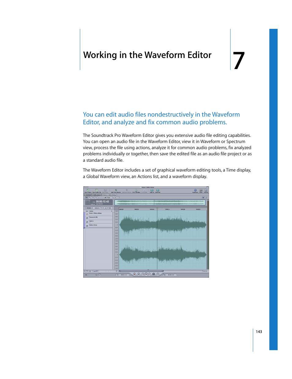 Working in the waveform editor, Chapter 7, See chapter 7 | Apple Soundtrack Pro User Manual | Page 143 / 311