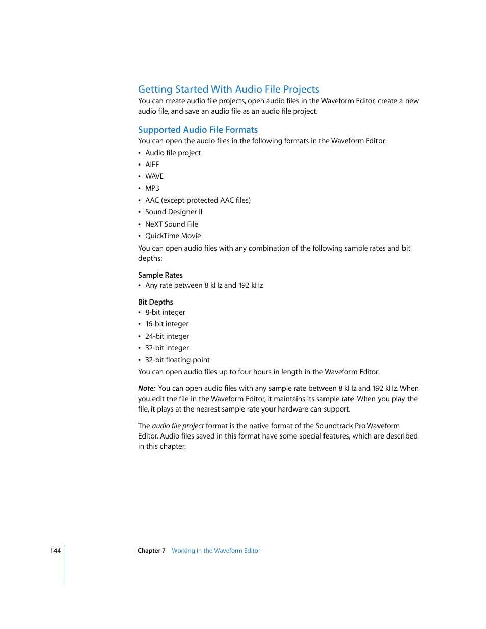 Getting started with audio file projects, Supported audio file formats | Apple Soundtrack Pro User Manual | Page 144 / 311