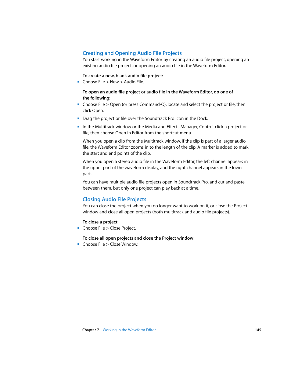 Creating and opening audio file projects, Closing audio file projects | Apple Soundtrack Pro User Manual | Page 145 / 311