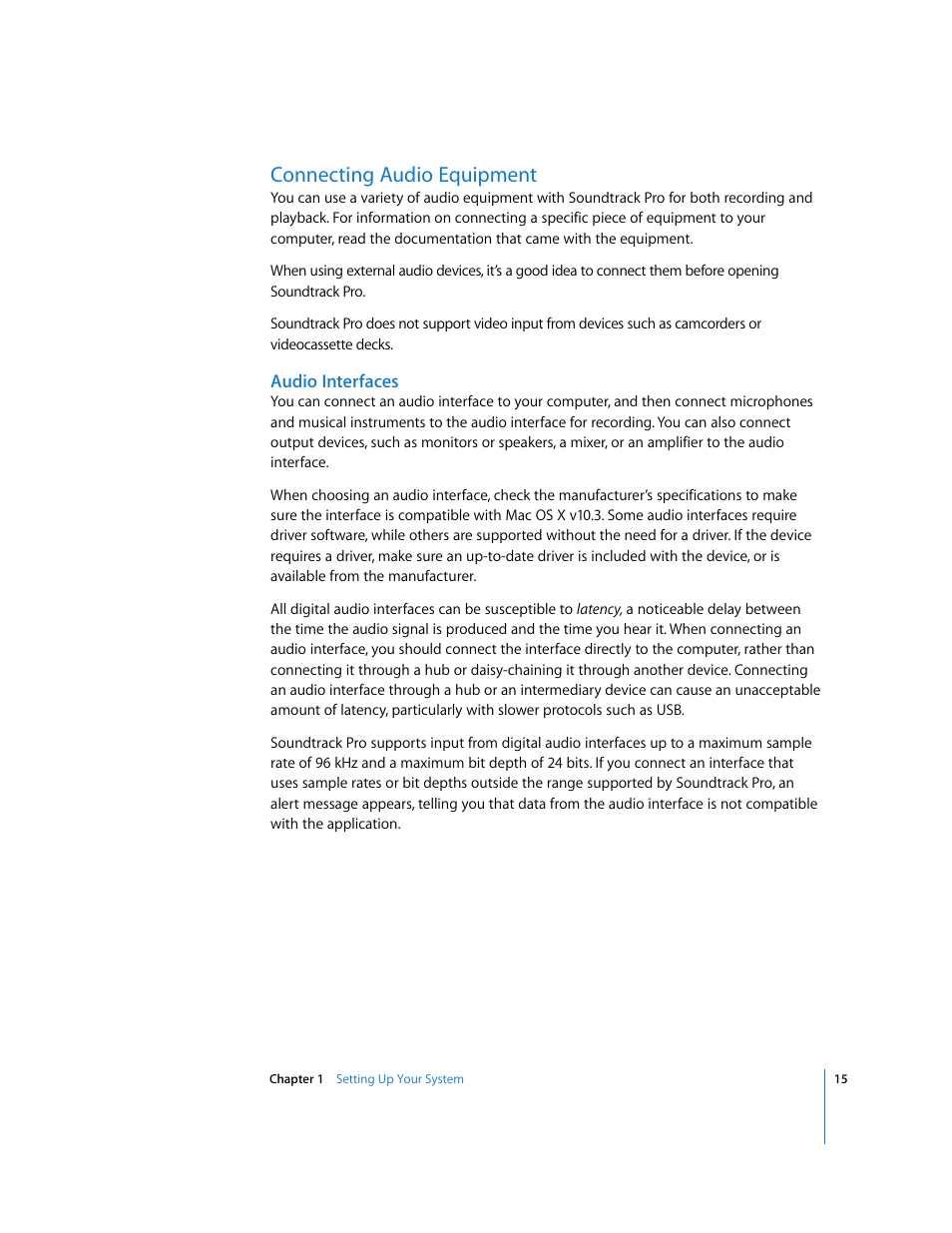 Connecting audio equipment, Audio interfaces | Apple Soundtrack Pro User Manual | Page 15 / 311