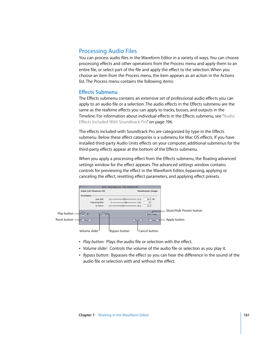 Processing audio files, Effects submenu | Apple Soundtrack Pro User Manual | Page 161 / 311