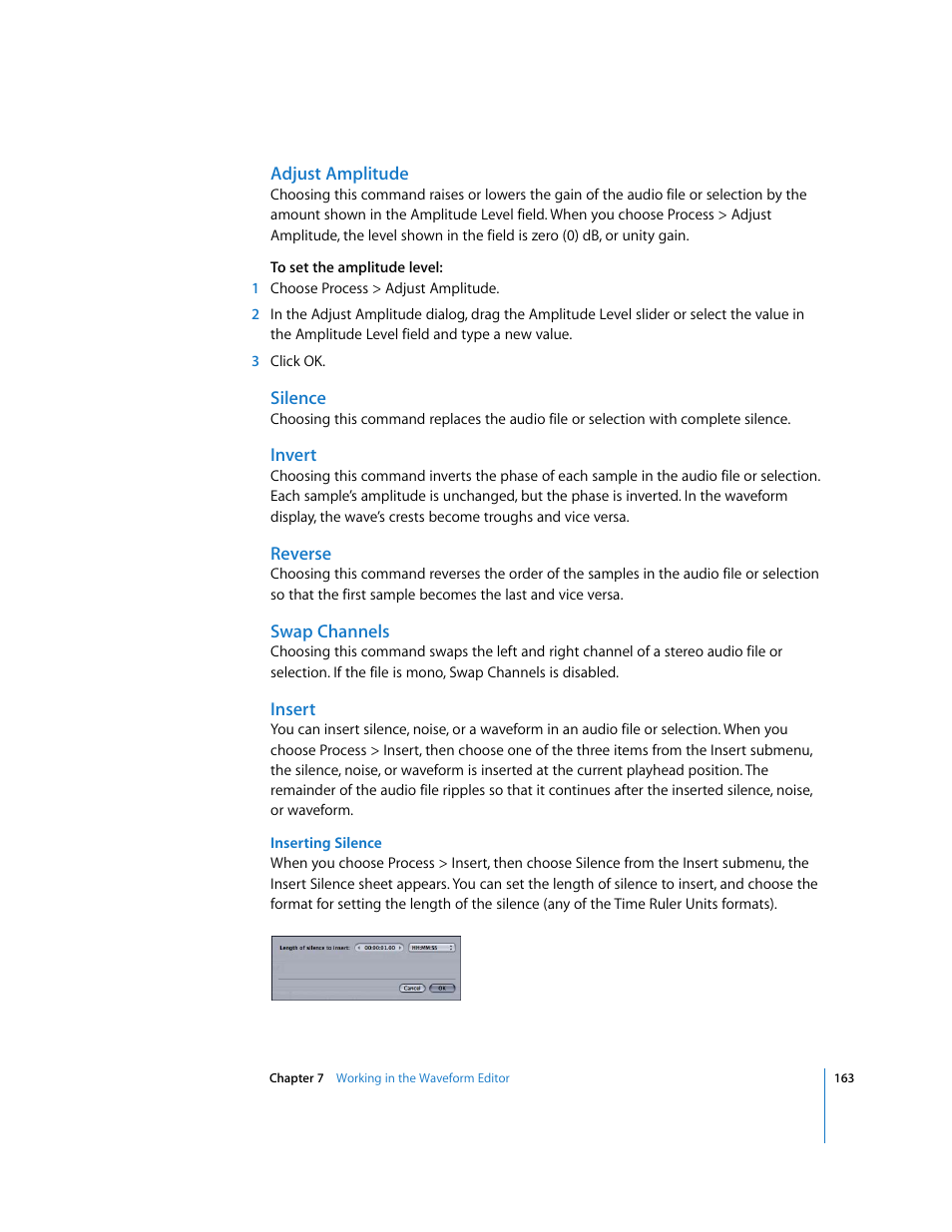 Adjust amplitude, Silence, Invert | Reverse, Swap channels, Insert | Apple Soundtrack Pro User Manual | Page 163 / 311