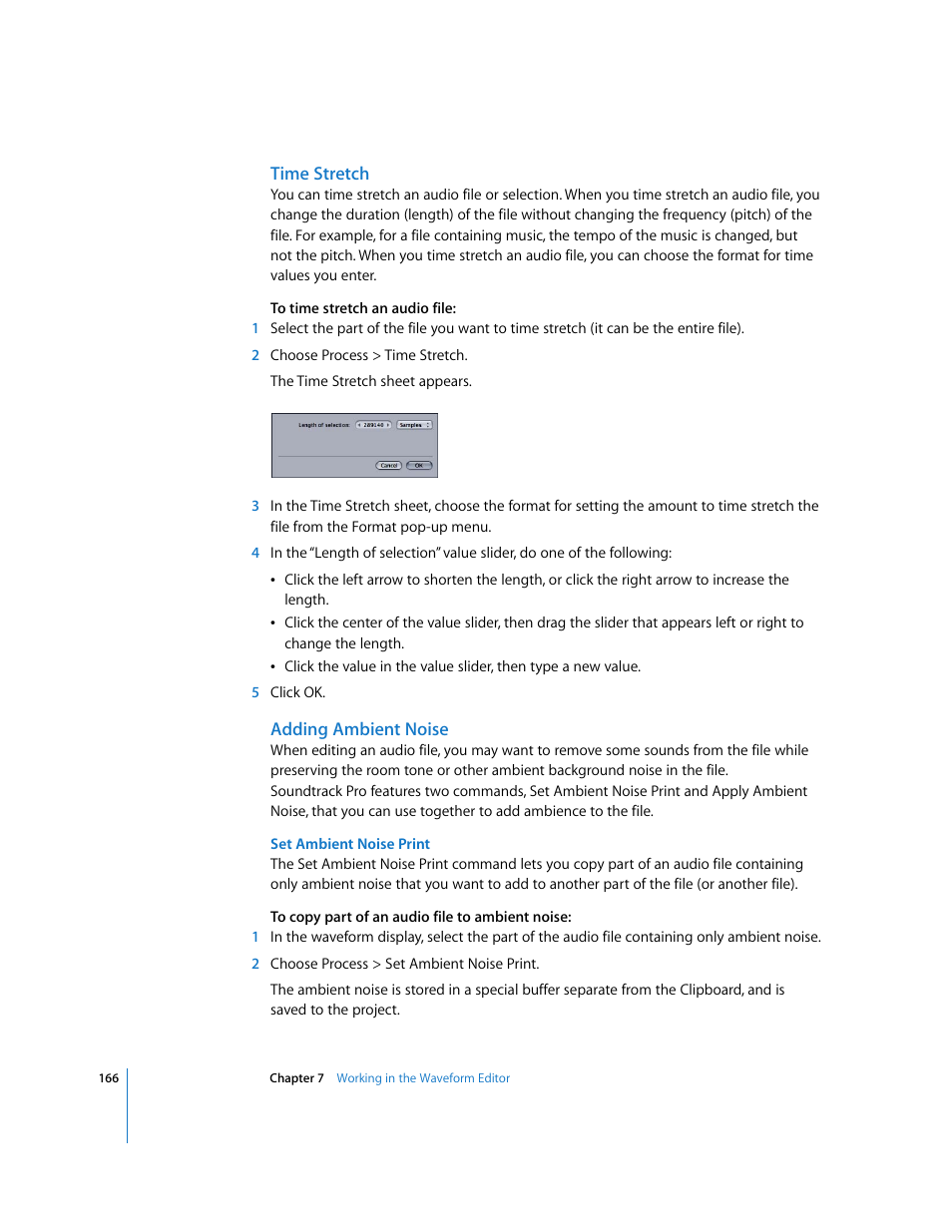 Time stretch, Adding ambient noise | Apple Soundtrack Pro User Manual | Page 166 / 311