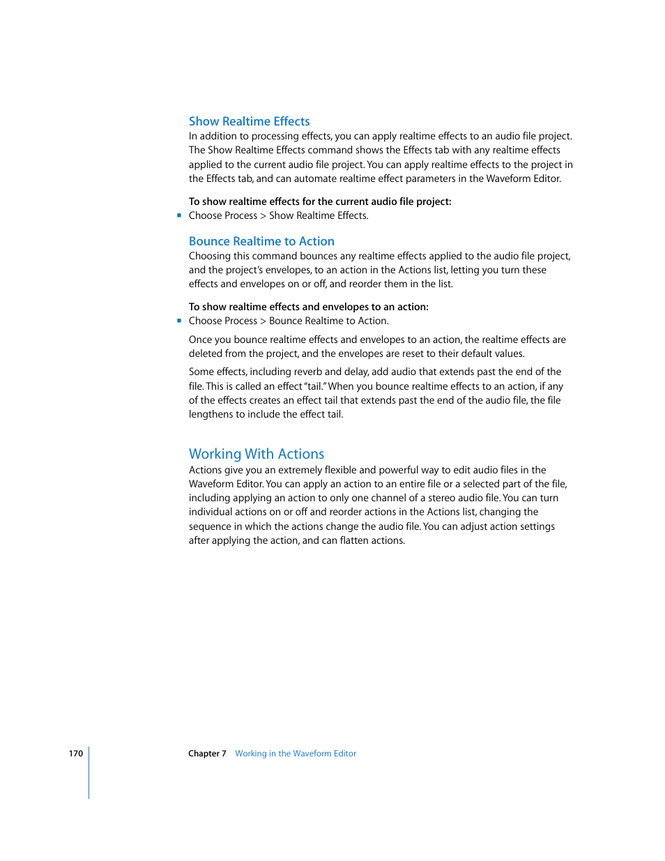 Show realtime effects, Bounce realtime to action, Working with actions | Apple Soundtrack Pro User Manual | Page 170 / 311