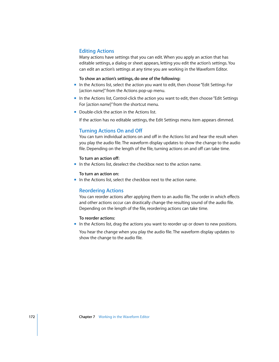 Editing actions, Turning actions on and off, Reordering actions | Apple Soundtrack Pro User Manual | Page 172 / 311