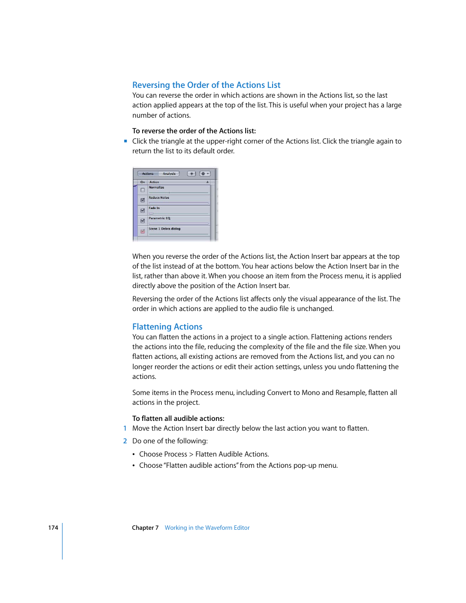 Reversing the order of the actions list, Flattening actions | Apple Soundtrack Pro User Manual | Page 174 / 311