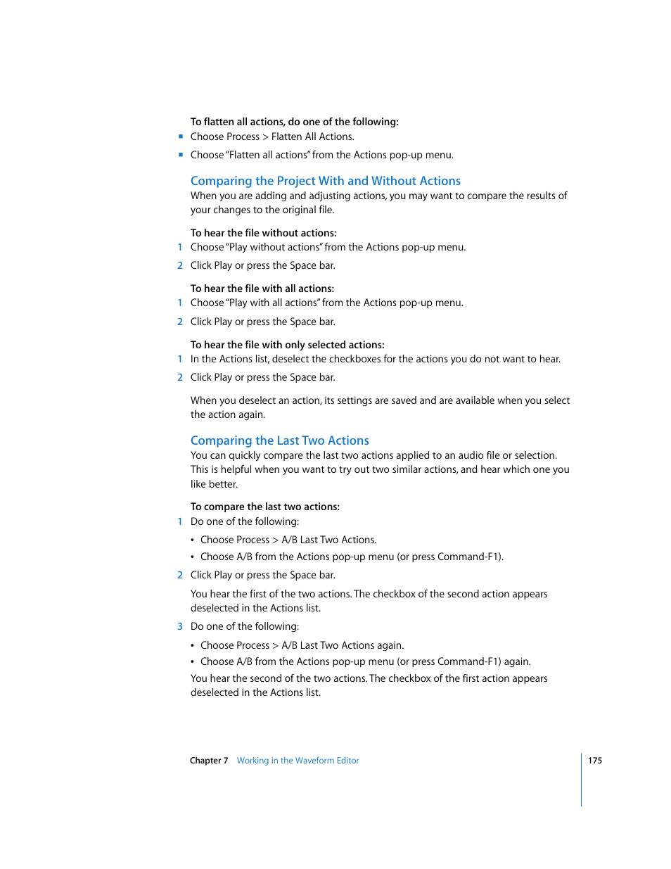 Comparing the project with and without actions, Comparing the last two actions | Apple Soundtrack Pro User Manual | Page 175 / 311