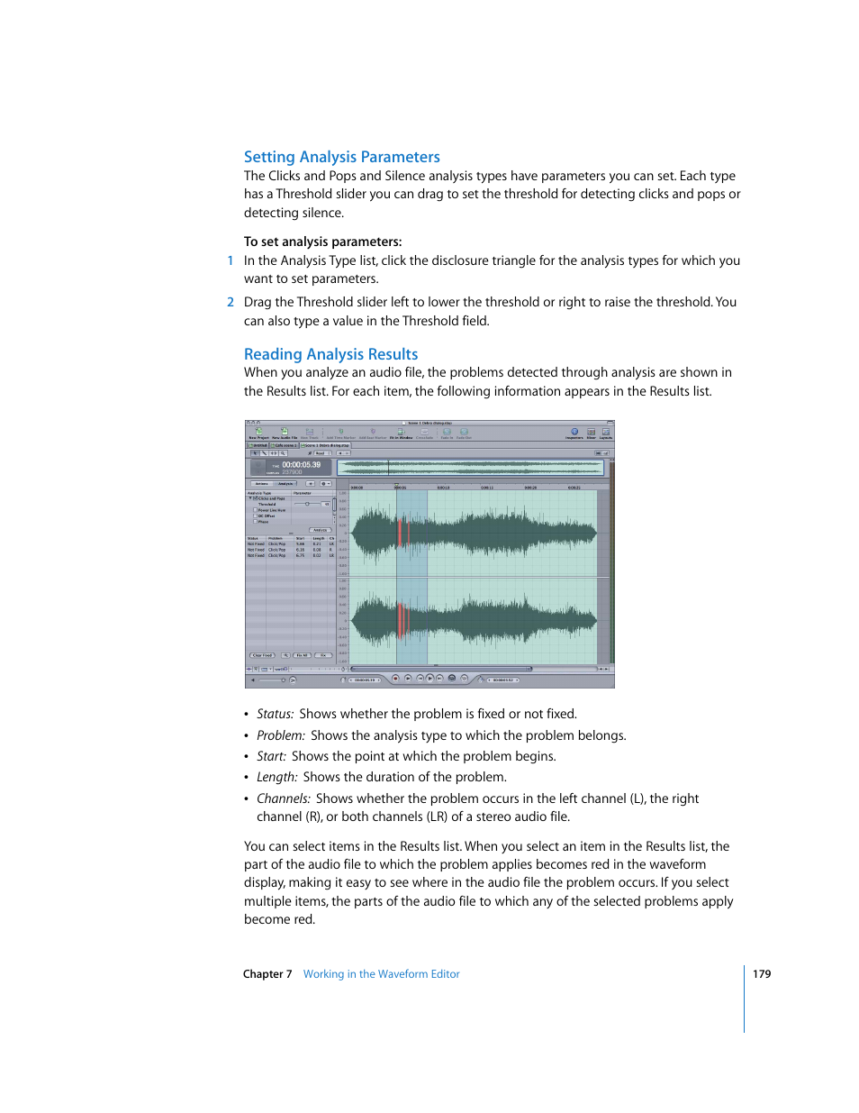 Setting analysis parameters, Reading analysis results | Apple Soundtrack Pro User Manual | Page 179 / 311