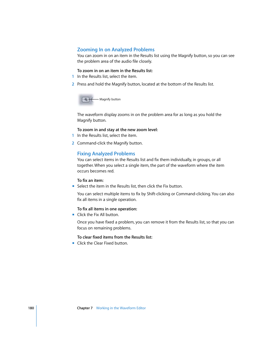 Zooming in on analyzed problems, Fixing analyzed problems | Apple Soundtrack Pro User Manual | Page 180 / 311