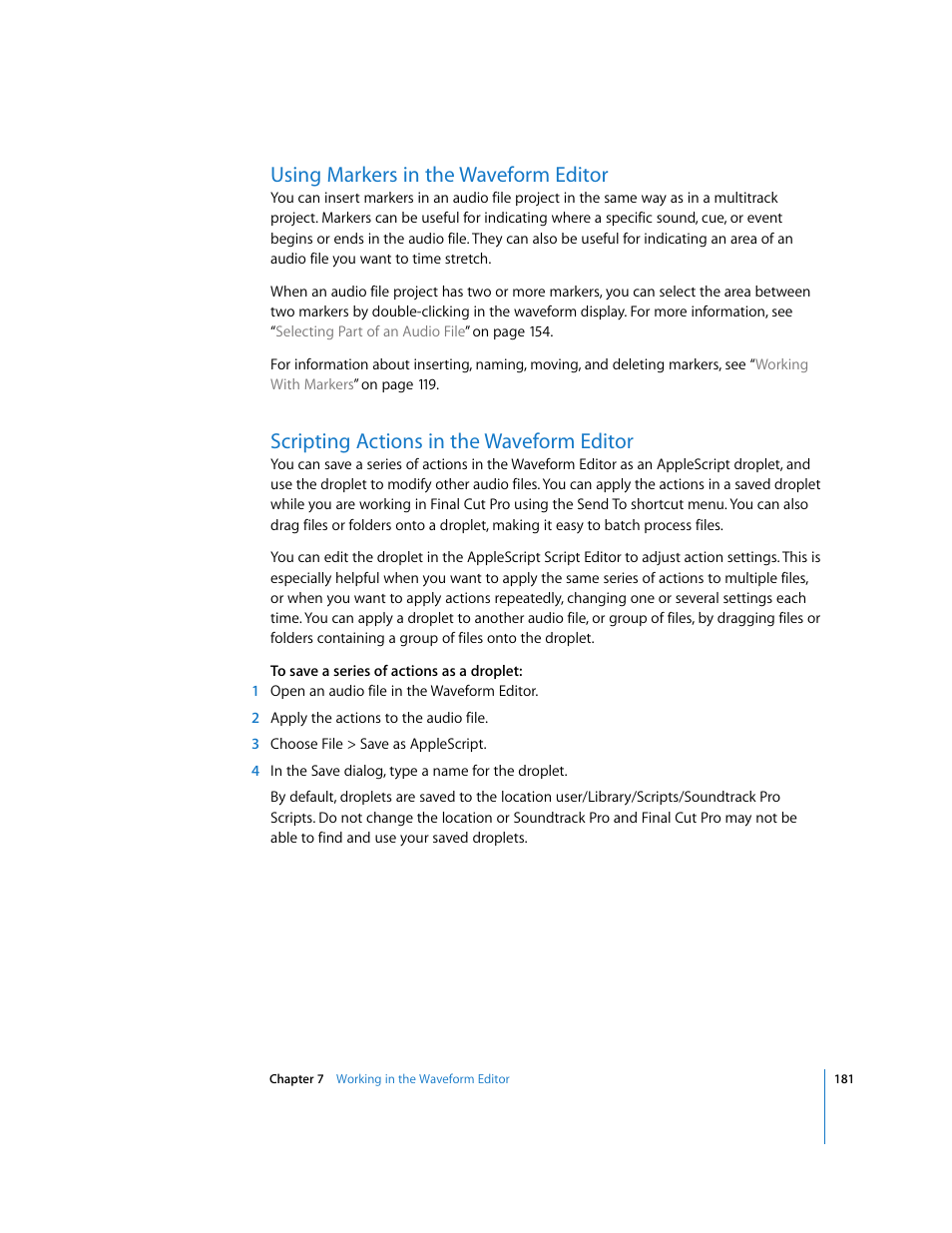 Using markers in the waveform editor, Scripting actions in the waveform editor | Apple Soundtrack Pro User Manual | Page 181 / 311