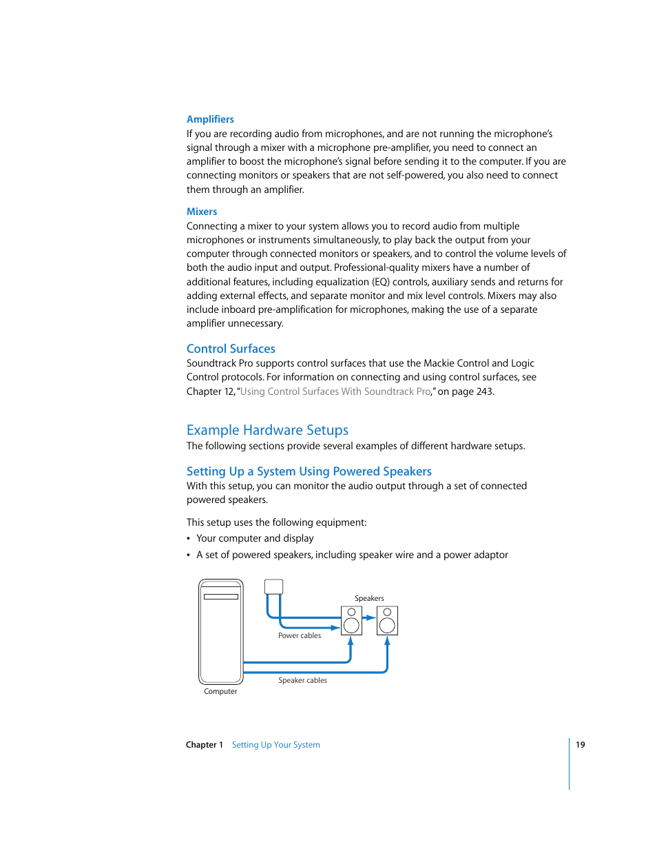 Control surfaces, Example hardware setups, Setting up a system using powered speakers | Apple Soundtrack Pro User Manual | Page 19 / 311