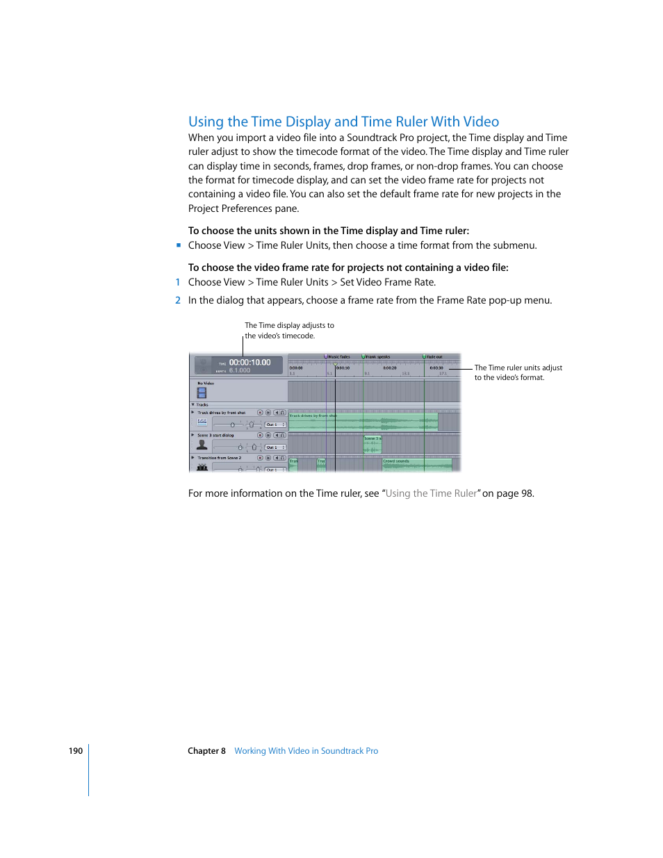 Using the time display and time ruler with video | Apple Soundtrack Pro User Manual | Page 190 / 311