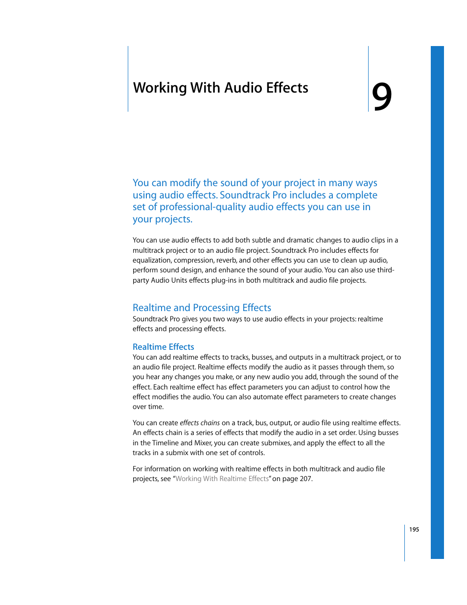 Working with audio effects, Realtime and processing effects, Realtime effects | Chapter 9, See chapter 9, Working, With audio effects, Working with audio, Effects, Working with | Apple Soundtrack Pro User Manual | Page 195 / 311