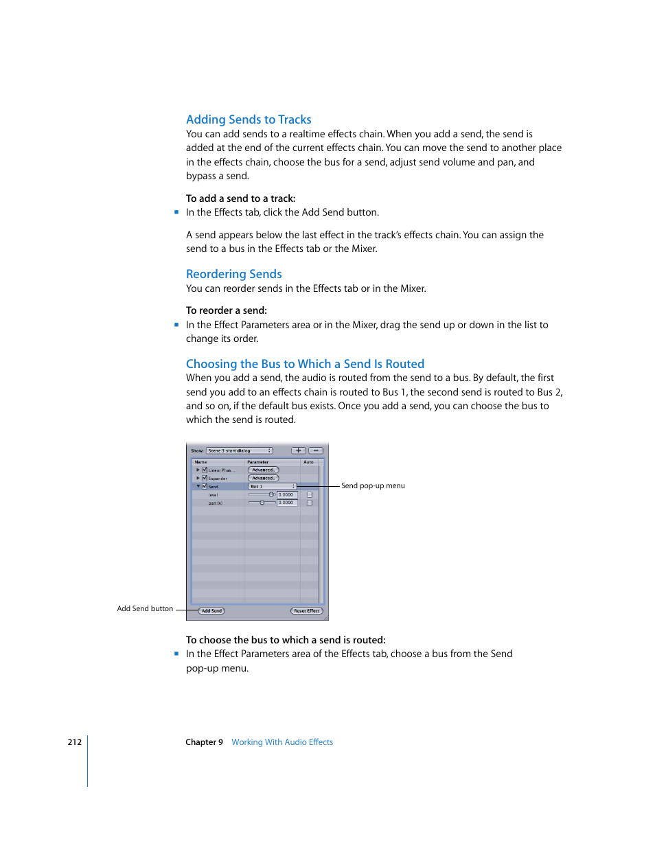 Adding sends to tracks, Reordering sends, Choosing the bus to which a send is routed | Apple Soundtrack Pro User Manual | Page 212 / 311