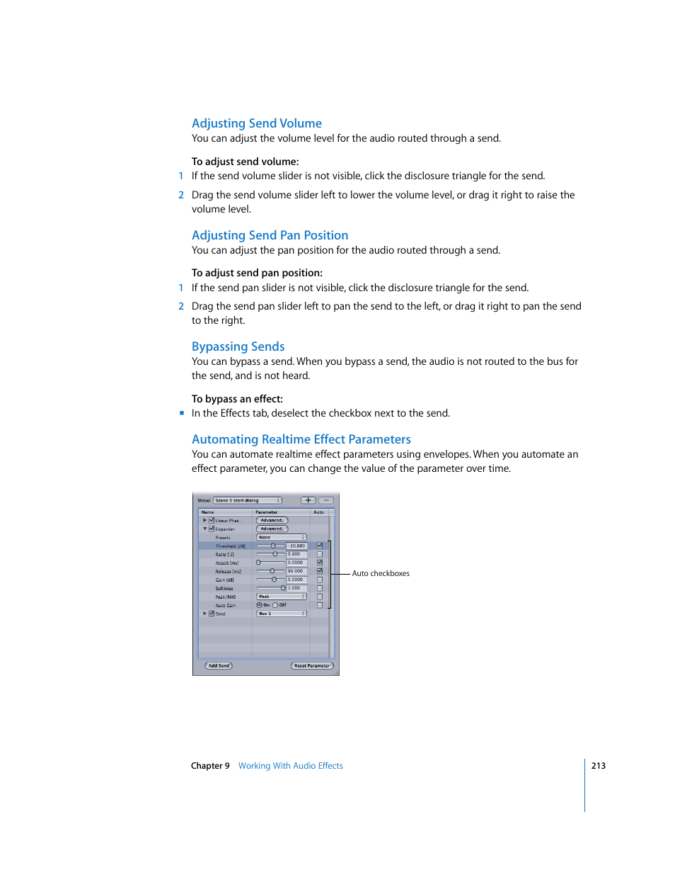 Adjusting send volume, Adjusting send pan position, Bypassing sends | Automating realtime effect parameters | Apple Soundtrack Pro User Manual | Page 213 / 311