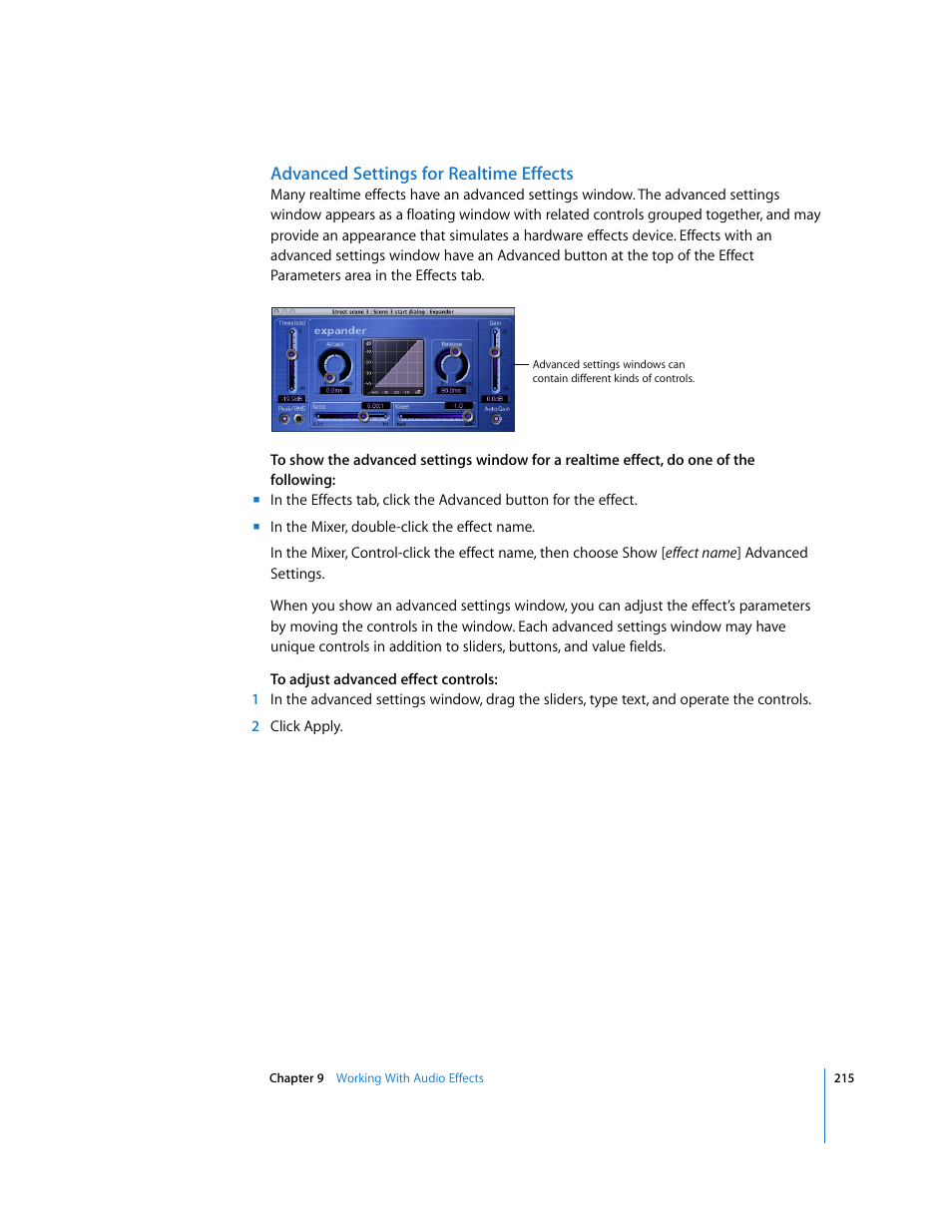 Advanced settings for realtime effects, Advanced settings, For realtime effects | Apple Soundtrack Pro User Manual | Page 215 / 311