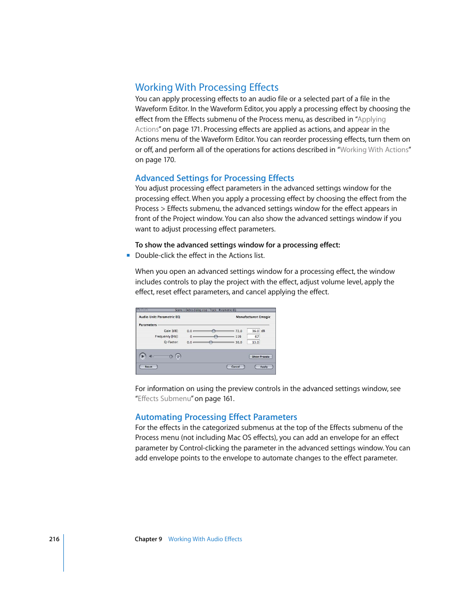 Working with processing effects, Advanced settings for processing effects, Automating processing effect parameters | Apple Soundtrack Pro User Manual | Page 216 / 311