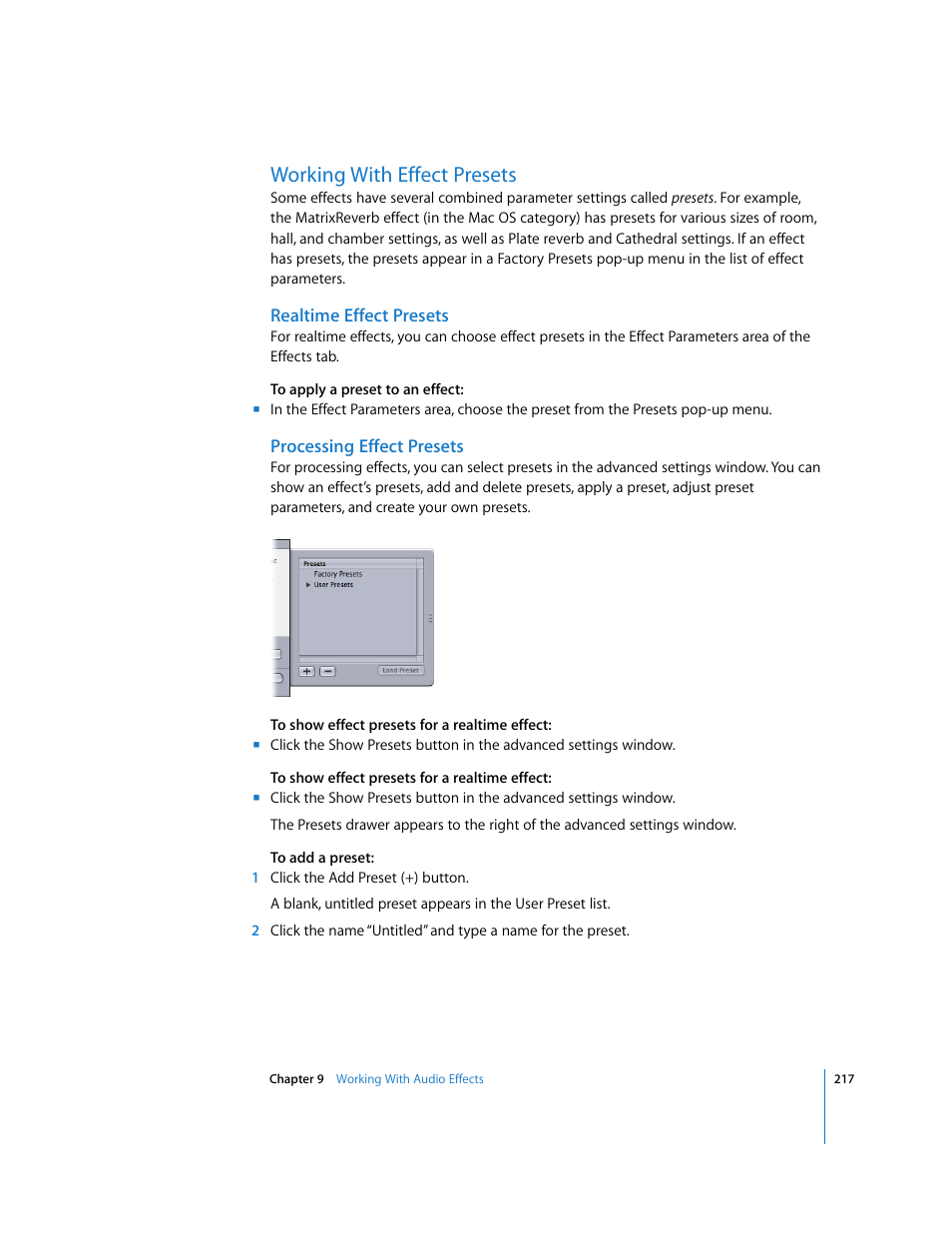 Working with effect presets, Realtime effect presets, Processing effect presets | Working, With effect presets | Apple Soundtrack Pro User Manual | Page 217 / 311