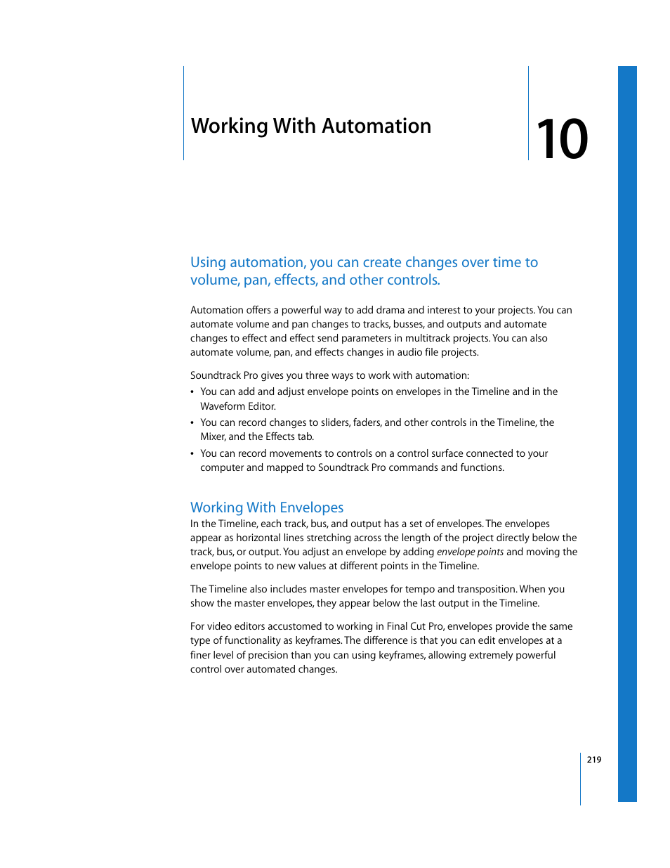 Working with automation, Working with envelopes, Chapter 10 | See chapter 10, Working with, Automation, Working, With automation | Apple Soundtrack Pro User Manual | Page 219 / 311