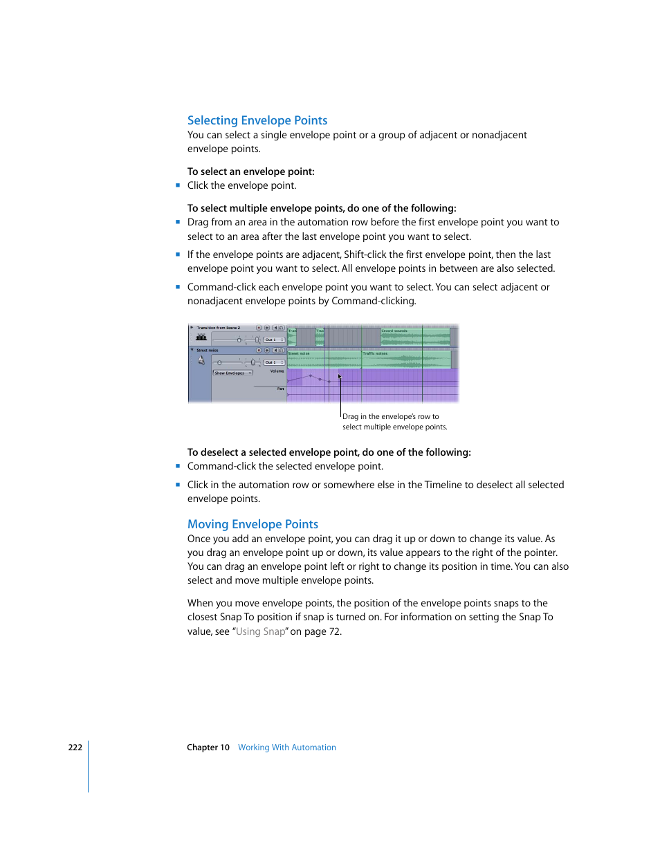 Selecting envelope points, Moving envelope points | Apple Soundtrack Pro User Manual | Page 222 / 311