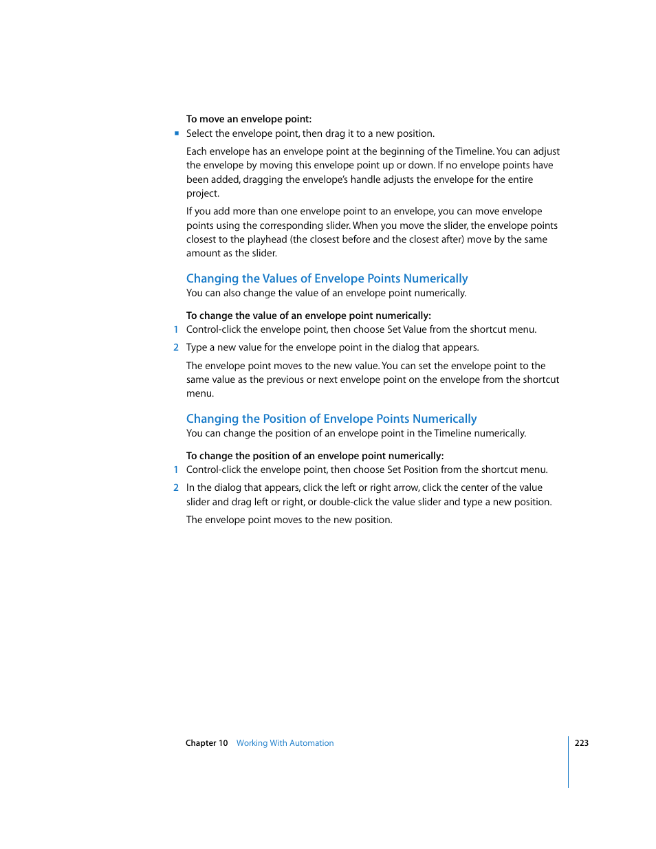 Changing the values of envelope points numerically | Apple Soundtrack Pro User Manual | Page 223 / 311