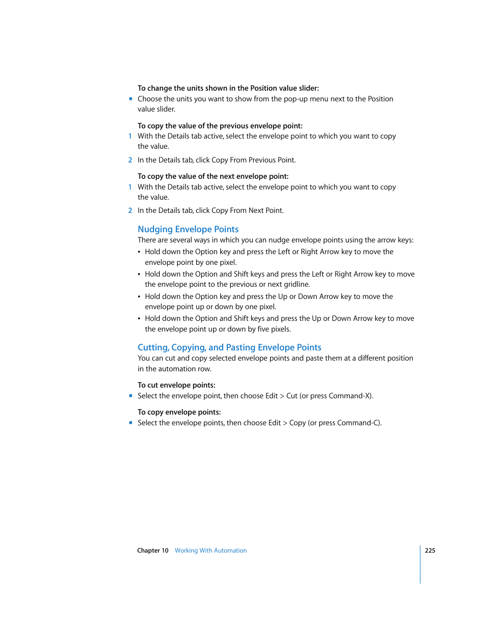 Nudging envelope points, Cutting, copying, and pasting envelope points | Apple Soundtrack Pro User Manual | Page 225 / 311