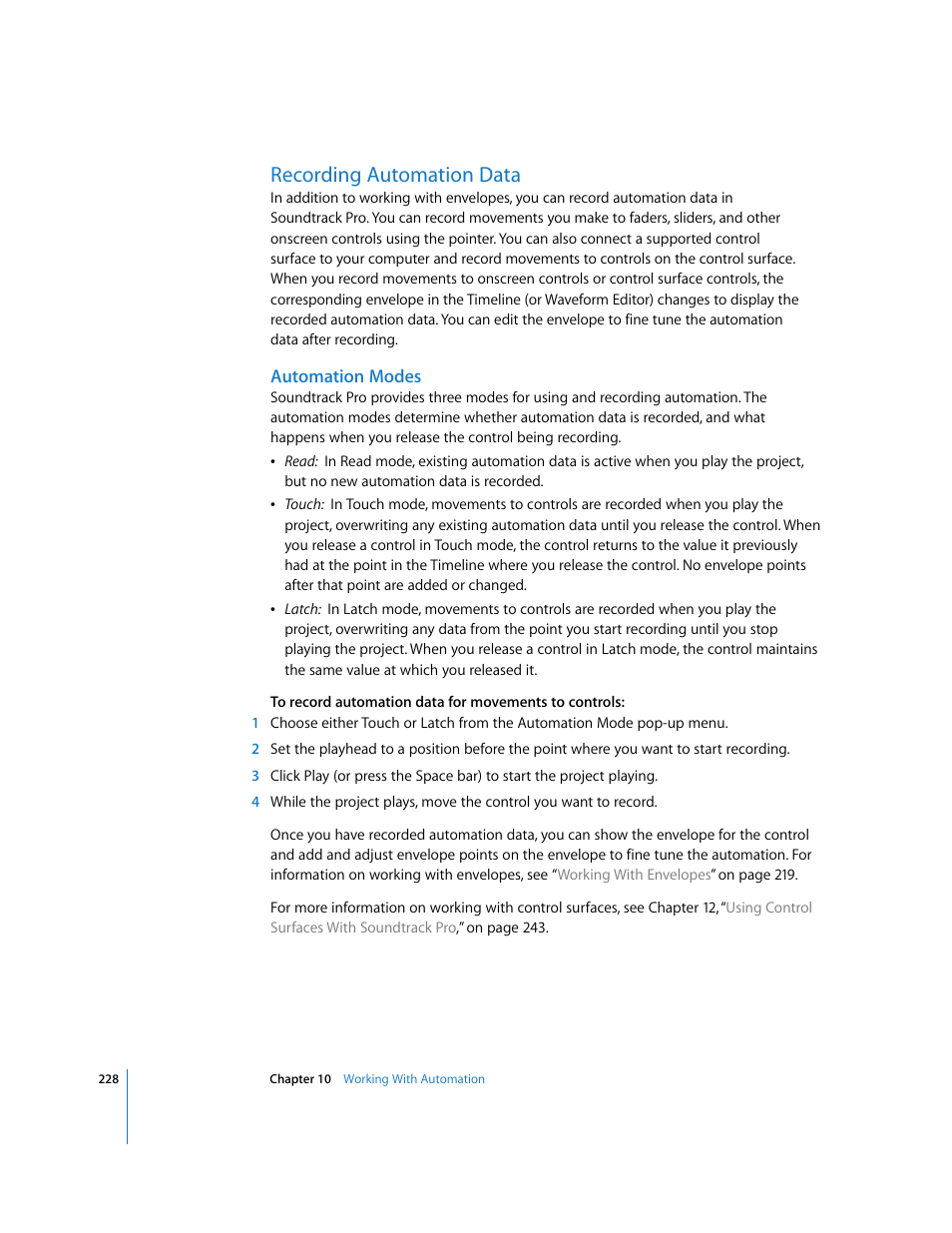 Recording automation data, Automation modes | Apple Soundtrack Pro User Manual | Page 228 / 311