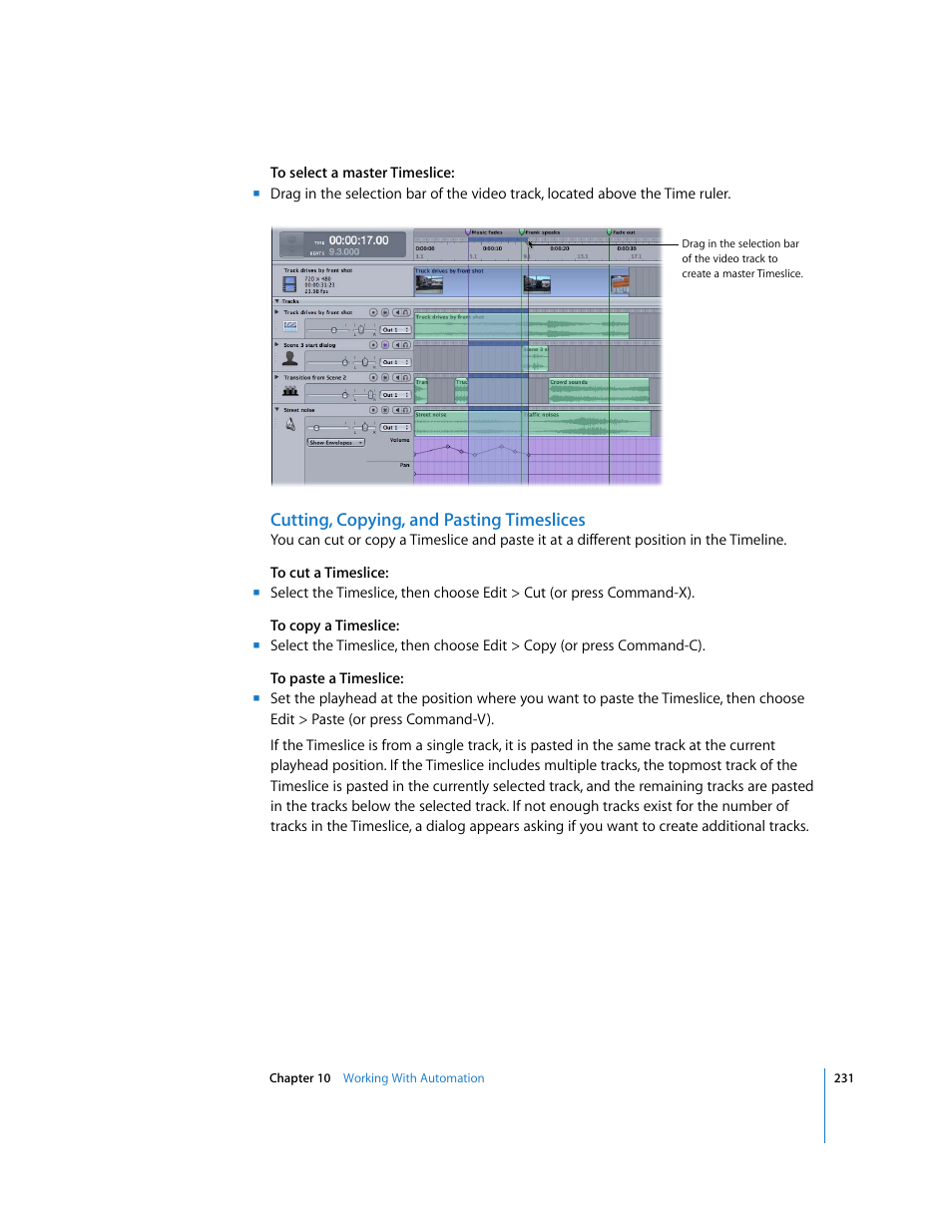 Cutting, copying, and pasting timeslices | Apple Soundtrack Pro User Manual | Page 231 / 311