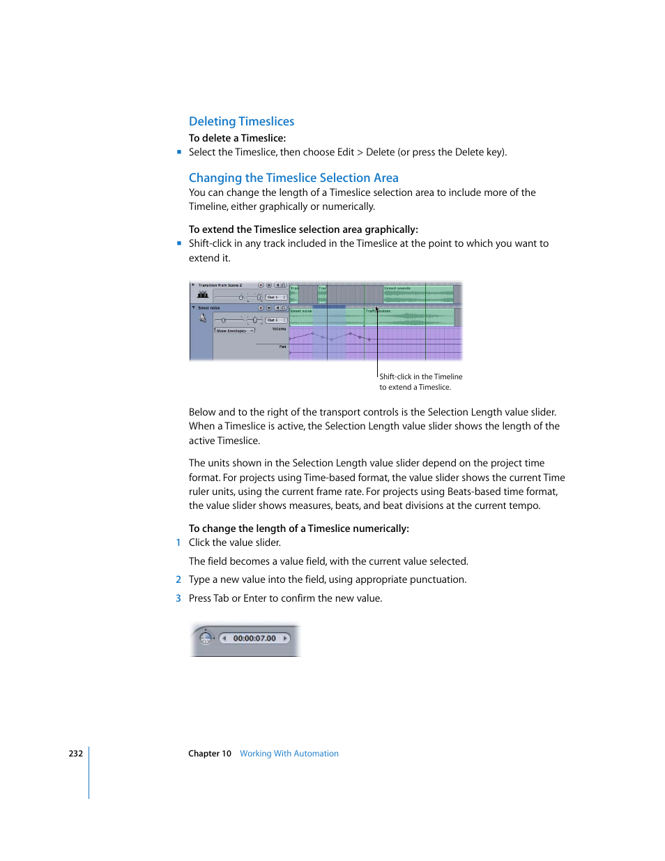 Deleting timeslices, Changing the timeslice selection area | Apple Soundtrack Pro User Manual | Page 232 / 311
