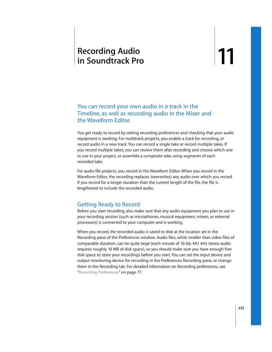 Recording audio in soundtrack pro, Getting ready to record, Chapter 11 | See chapter 11, Recording audio in, Soundtrack pro | Apple Soundtrack Pro User Manual | Page 235 / 311