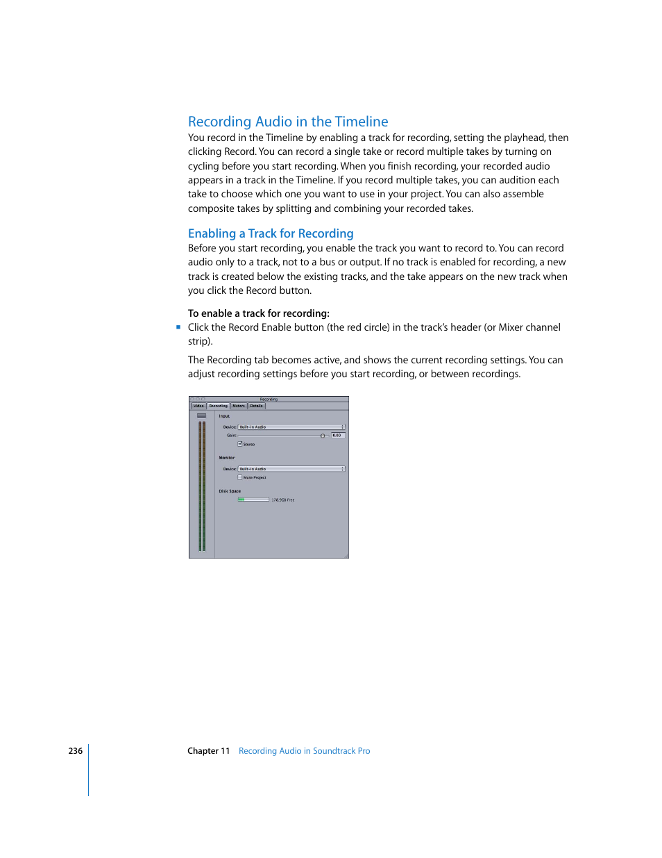 Recording audio in the timeline, Enabling a track for recording | Apple Soundtrack Pro User Manual | Page 236 / 311