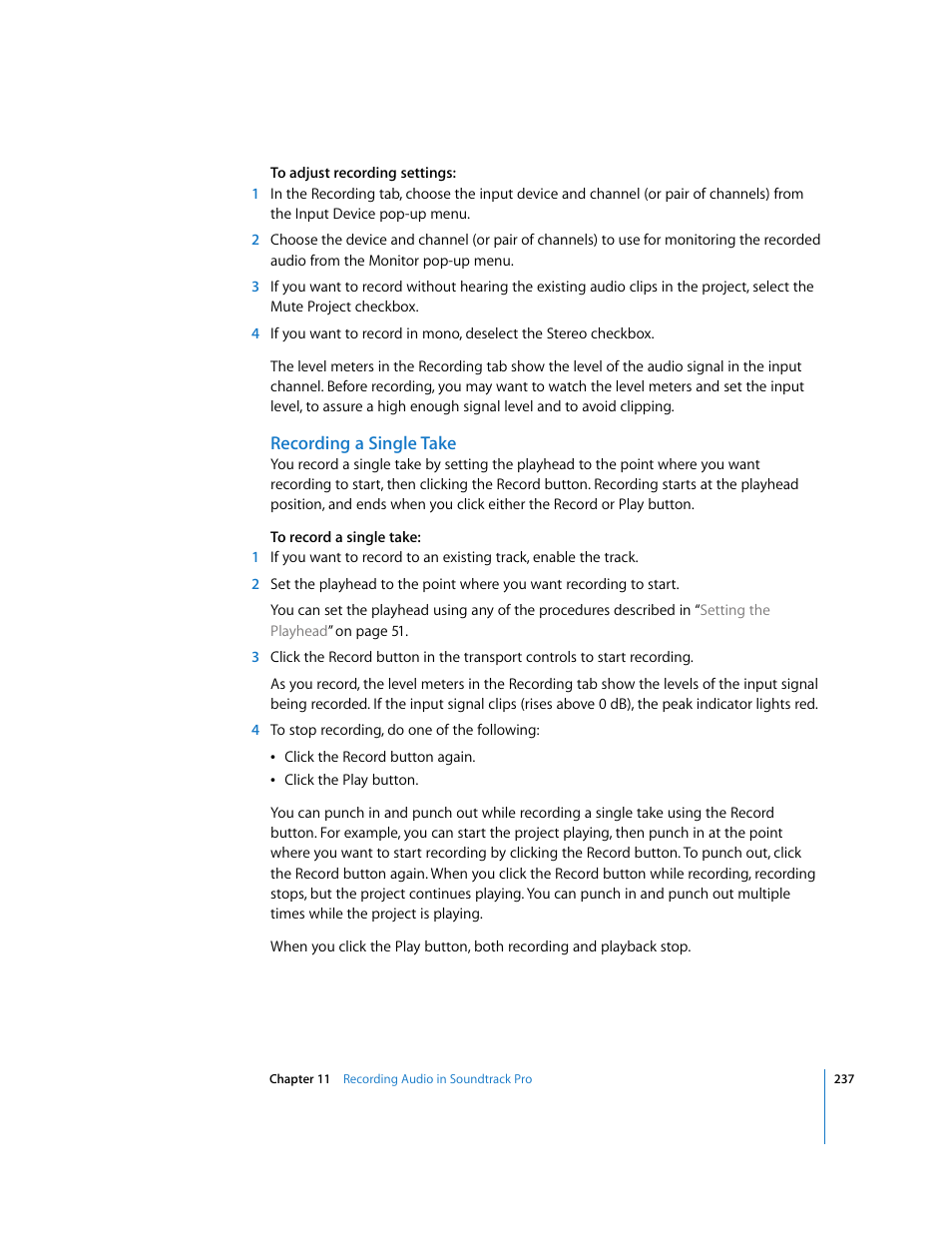 Recording a single take | Apple Soundtrack Pro User Manual | Page 237 / 311