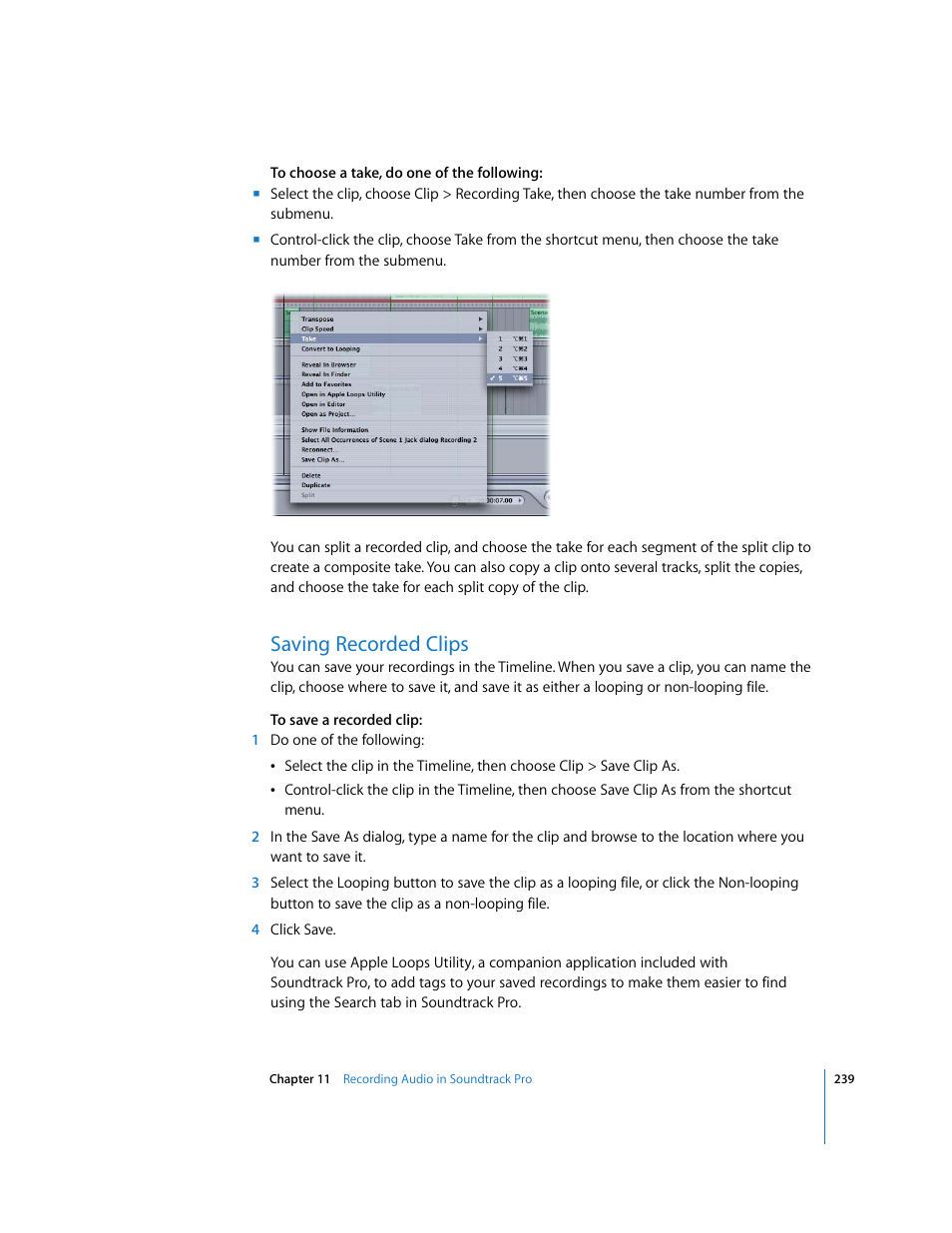 Saving recorded clips | Apple Soundtrack Pro User Manual | Page 239 / 311