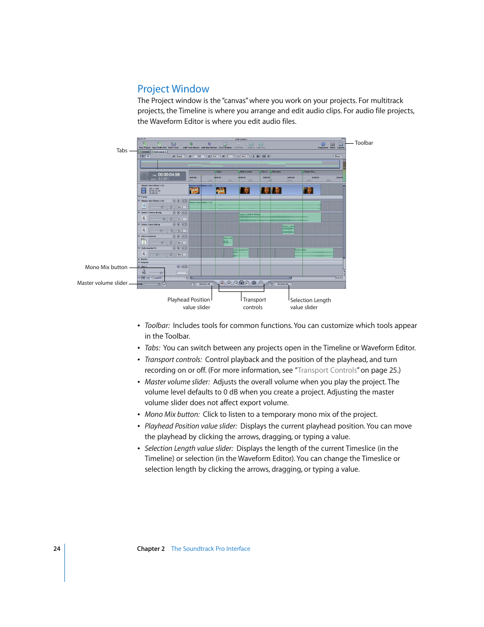 Project window | Apple Soundtrack Pro User Manual | Page 24 / 311