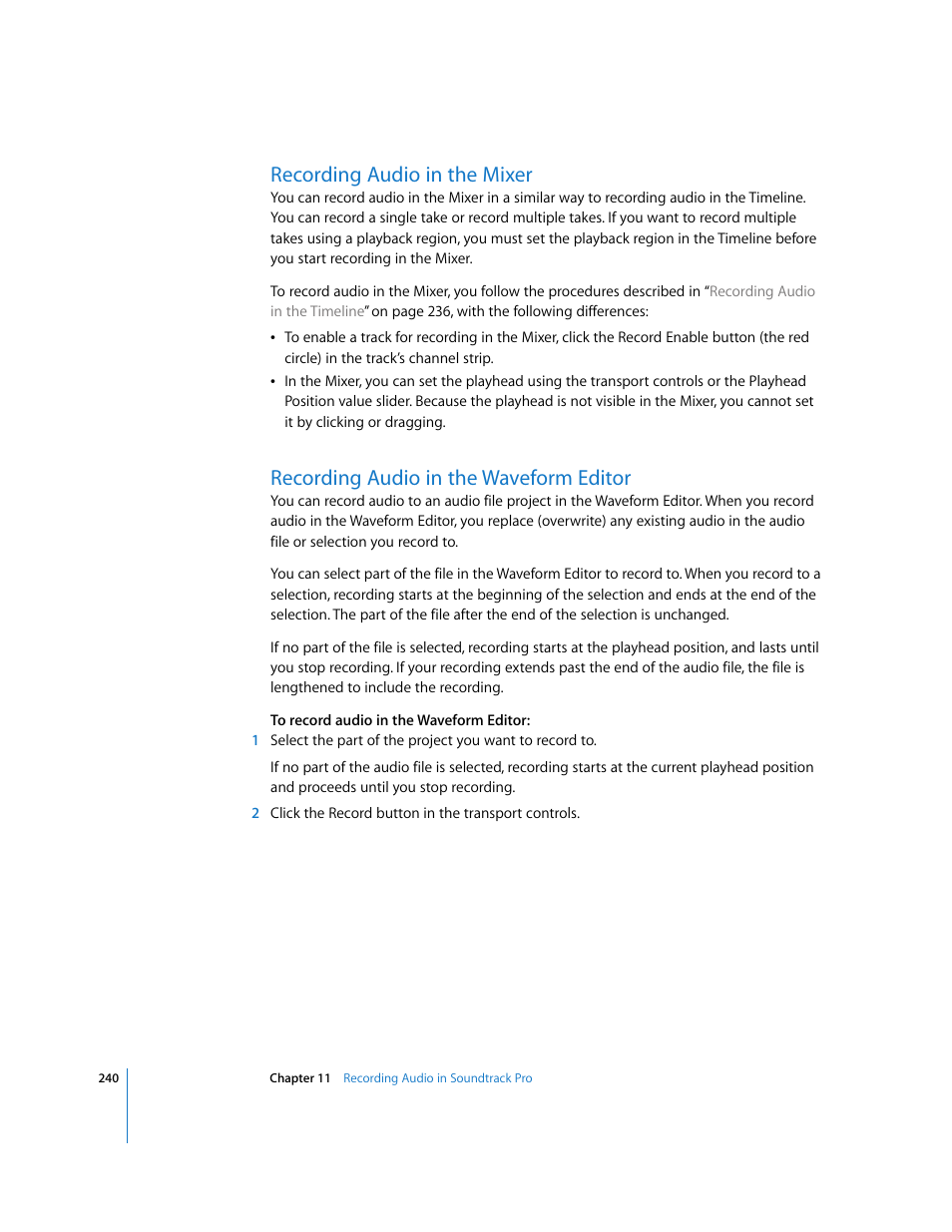 Recording audio in the mixer, Recording audio in the waveform editor | Apple Soundtrack Pro User Manual | Page 240 / 311