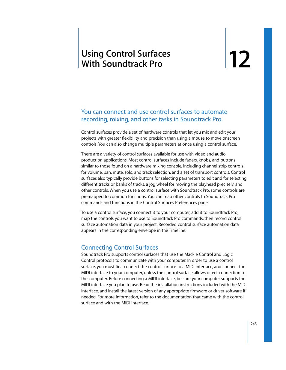 Using control surfaces with soundtrack pro, Connecting control surfaces, Chapter 12 | See chapter 12, Using, Control surfaces with soundtrack pro, Using control, Surfaces with soundtrack pro | Apple Soundtrack Pro User Manual | Page 243 / 311