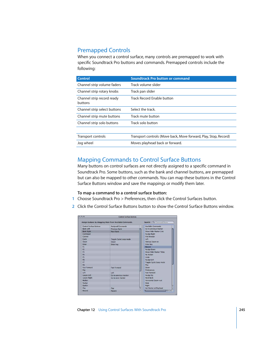 Premapped controls, Mapping commands to control surface buttons | Apple Soundtrack Pro User Manual | Page 245 / 311