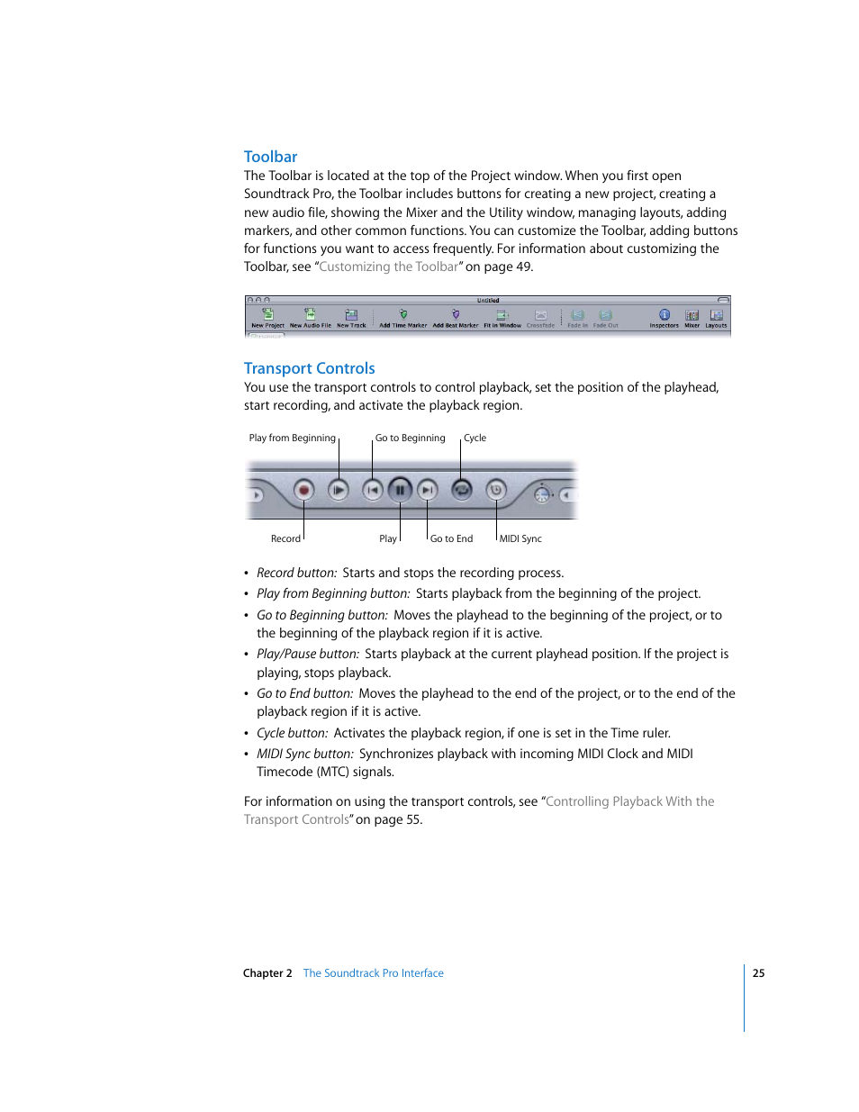 Toolbar, Transport controls | Apple Soundtrack Pro User Manual | Page 25 / 311